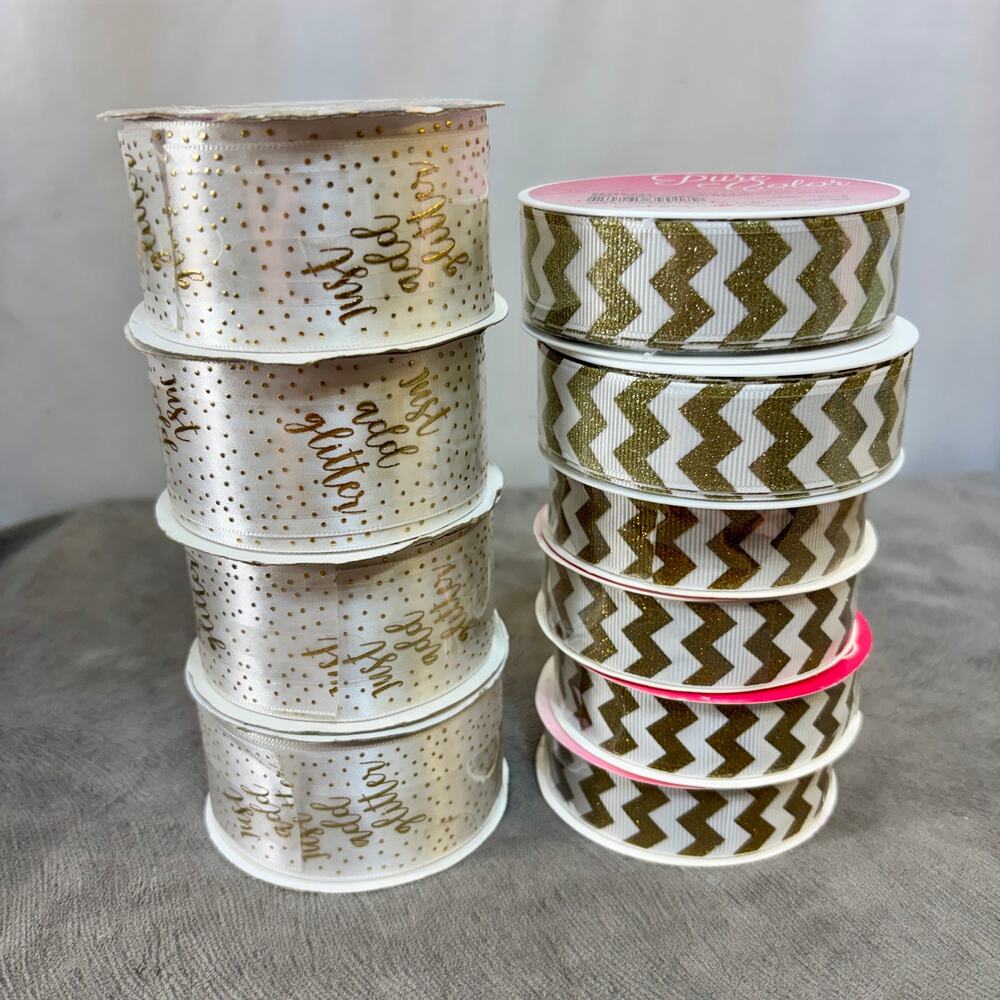 White & Gold Ribbon Lot of 10 Rolls Chevron & Just Add Glitter New Trim Crafts